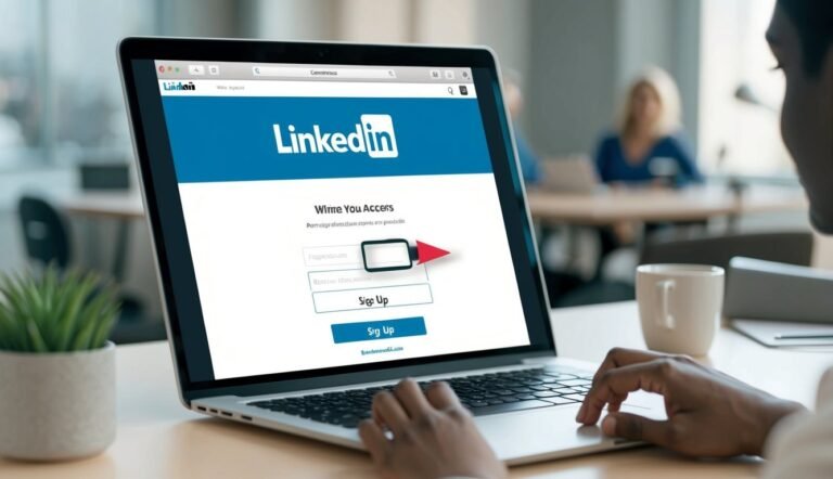 Person using laptop with LinkedIn login screen, office setting