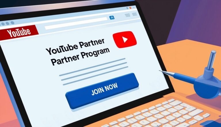 Laptop screen displaying YouTube Partner Program with a "Join Now" button