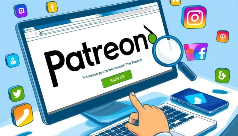 Patreon website on a computer screen with social media icons around it