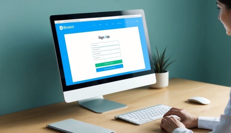 Woman using computer with Blooket sign-up form on the screen