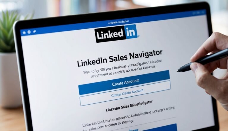 Laptop screen displaying LinkedIn Sales Navigator login page, hand holding pen
