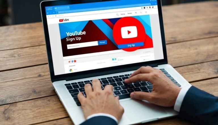 Laptop displaying YouTube sign-up page, with hands typing on the keyboard