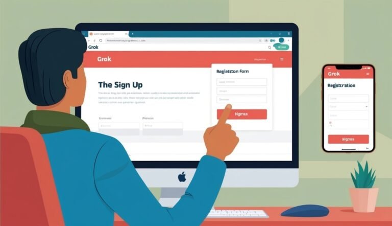 Person registering on a computer and phone, with a registration form displayed