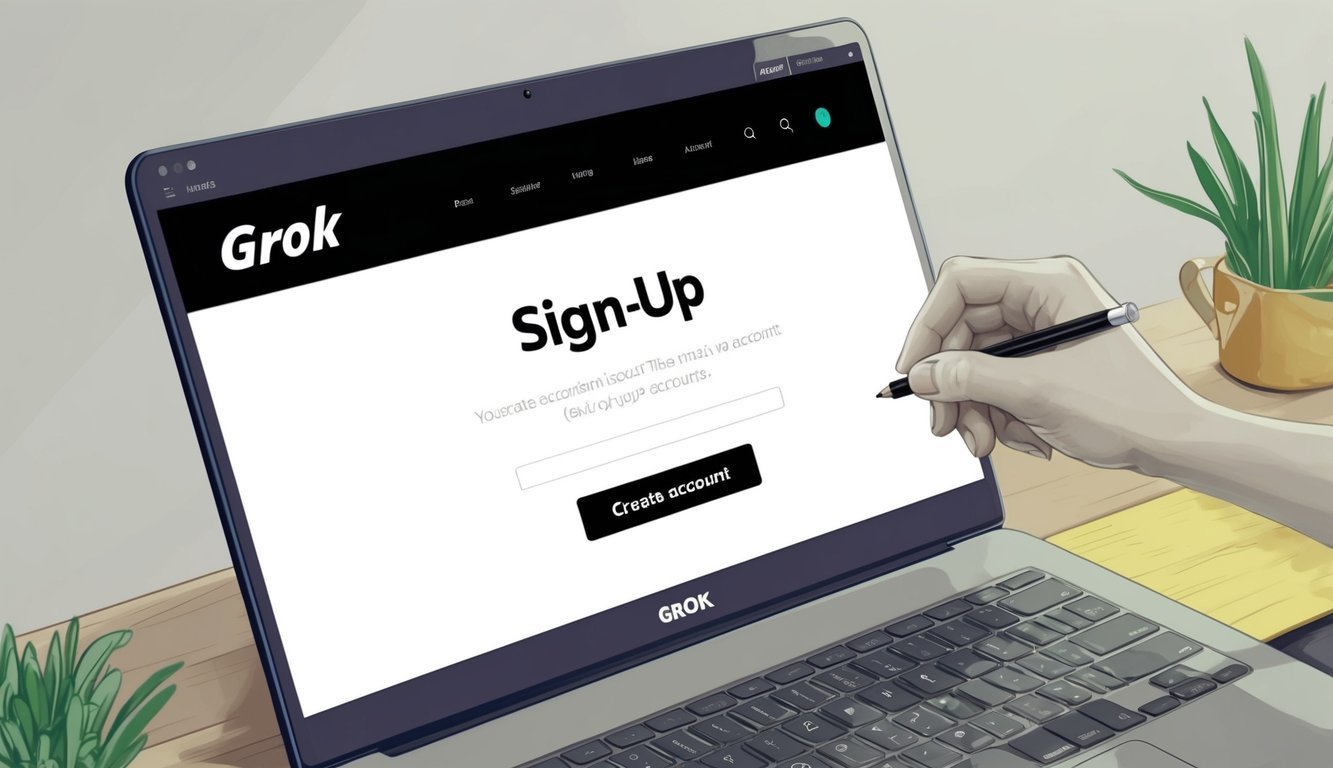 A computer screen showing the Grok sign-up page with a cursor clicking on the "Create Account" button