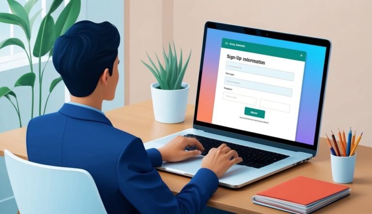 Man in blue suit filling out a sign-up form on a laptop