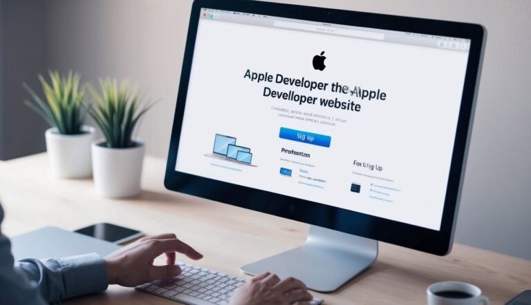 Person using a computer with the Apple Developer website displayed on screen
