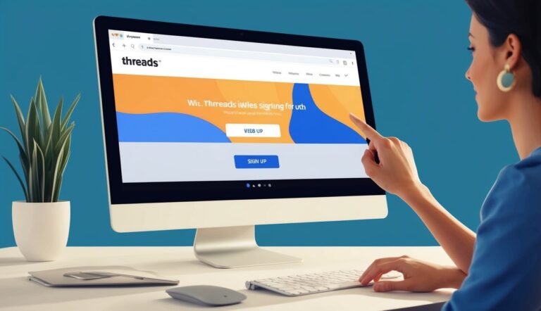 Woman pointing at "Sign Up" button on Threads website displayed on monitor
