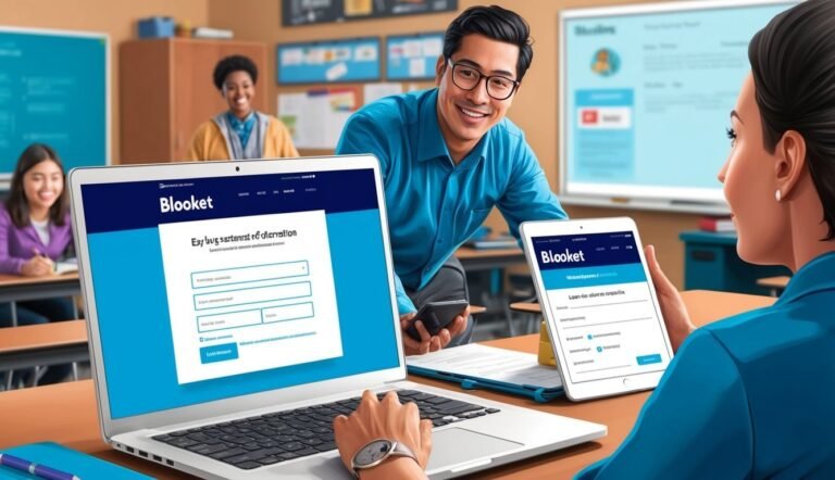People using Blooket on a laptop and tablet in a classroom setting