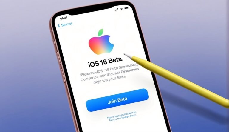 IPhone screen showing iOS 18 Beta sign-up with Apple logo and stylus