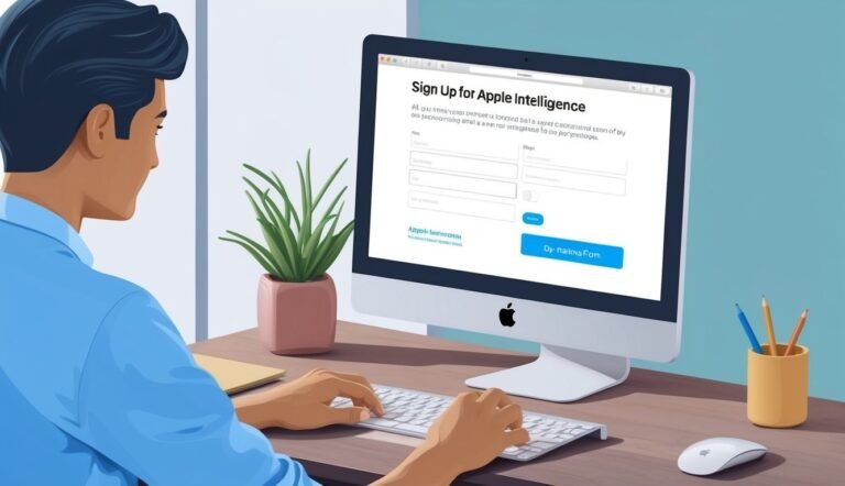 Man signing up for Apple Intelligence on a desktop computer