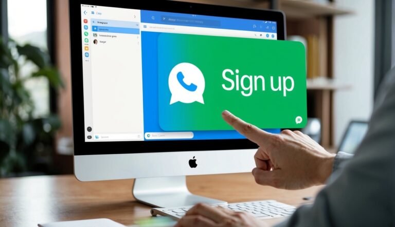 Person pointing at a "Sign up" button with a WhatsApp logo on a computer screen