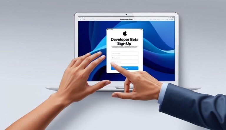 Hands interacting with a laptop screen displaying Apple Developer Beta sign-up form