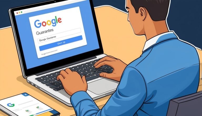 Man using laptop with Google sign-up page open on screen