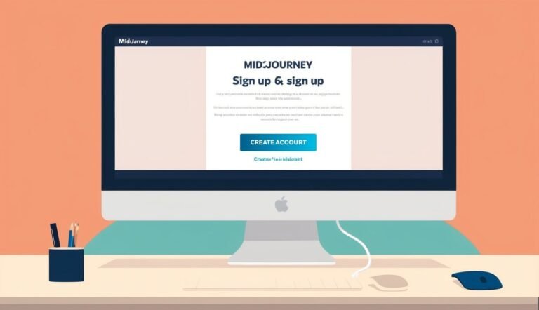 Computer screen displaying Midjourney sign-up page with a "Create Account" button
