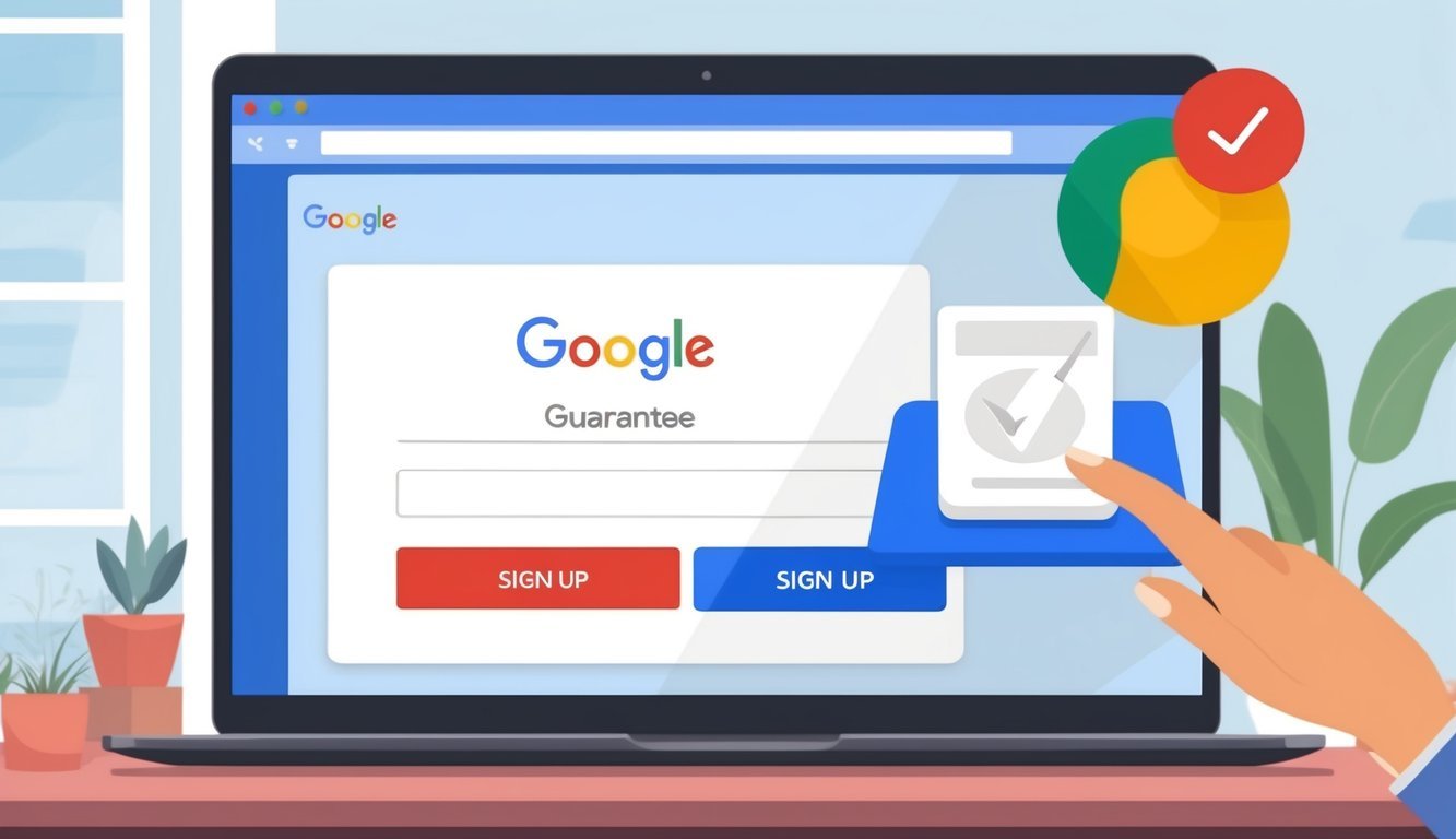 A computer screen showing Google Guarantee sign-up process with a cursor clicking on the "Sign Up" button