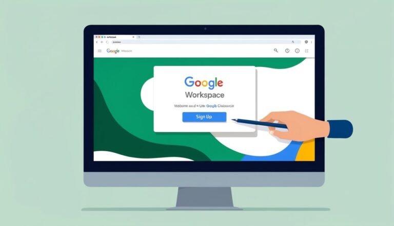 Computer screen displaying Google Workspace sign-up page, hand pointing at "Sign Up" button