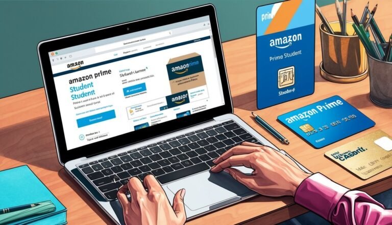 Laptop with Amazon Prime Student page, cards, and hands typing