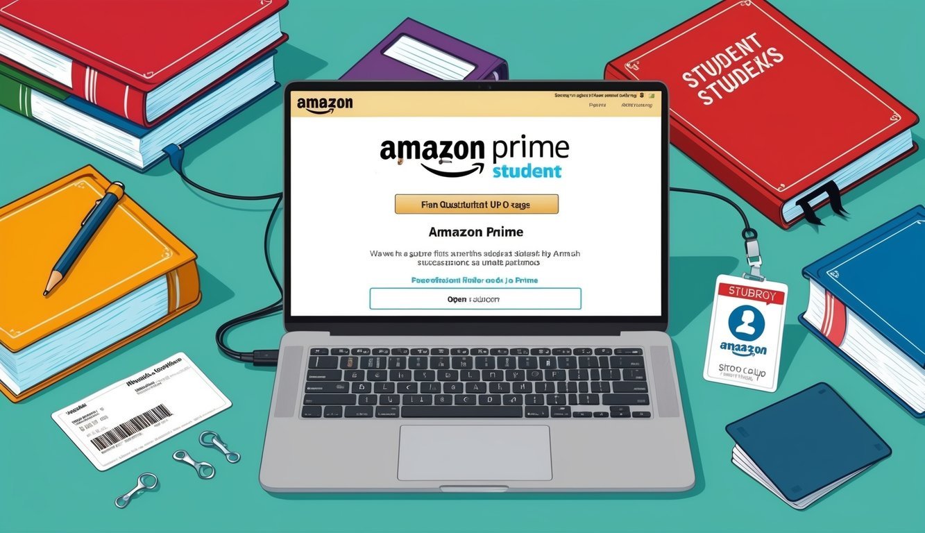 A laptop open to the Amazon Prime Student sign-up page, surrounded by textbooks and a student ID card