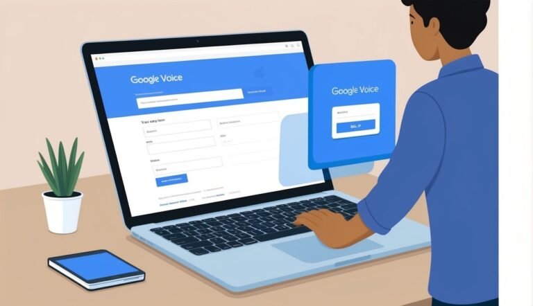 Person using laptop with Google Voice interface, phone, and plant