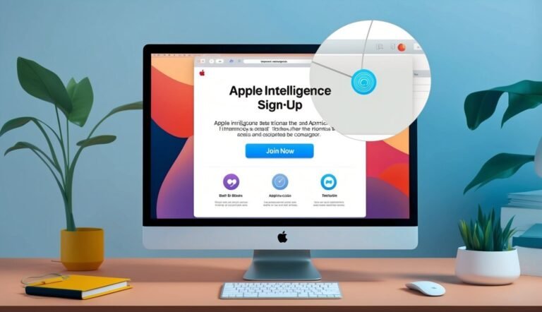 Apple iMac displaying "Apple Intelligence Sign-Up" webpage with plants and desk accessories