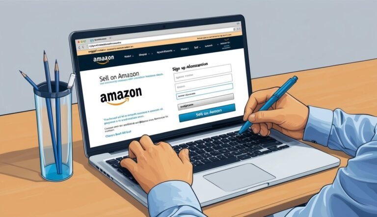 Person signing up to sell on Amazon website on a laptop