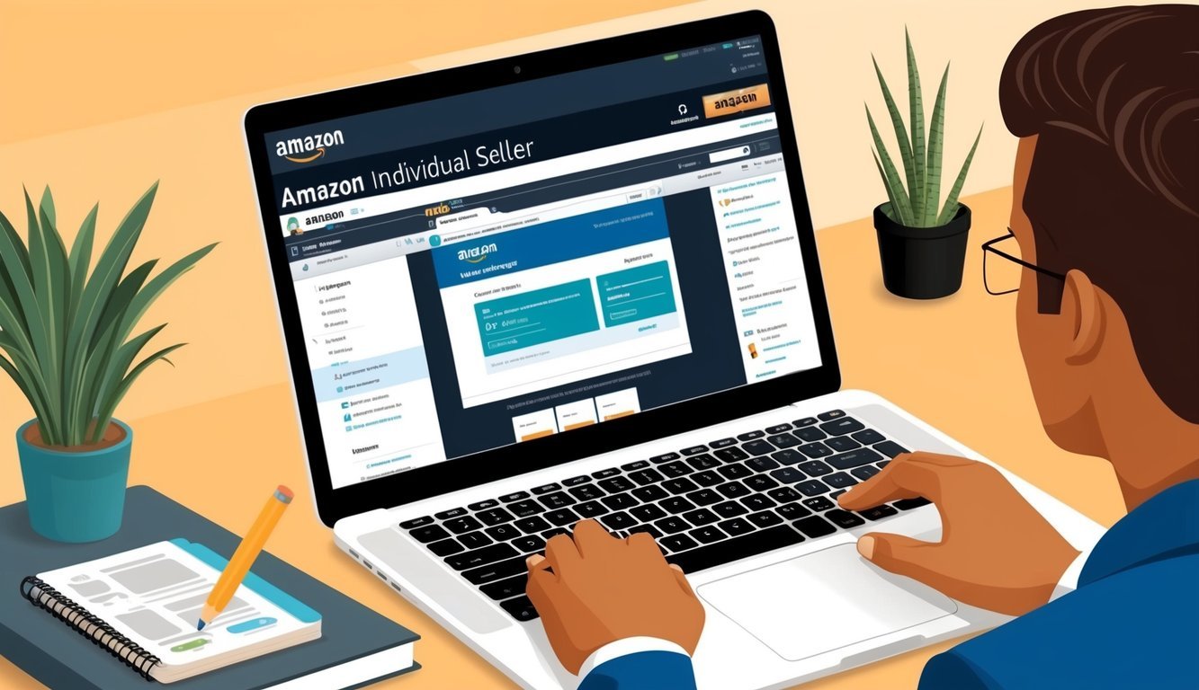 A person using a laptop to sign up for Amazon Individual Seller, with a product listing and management interface visible on the screen