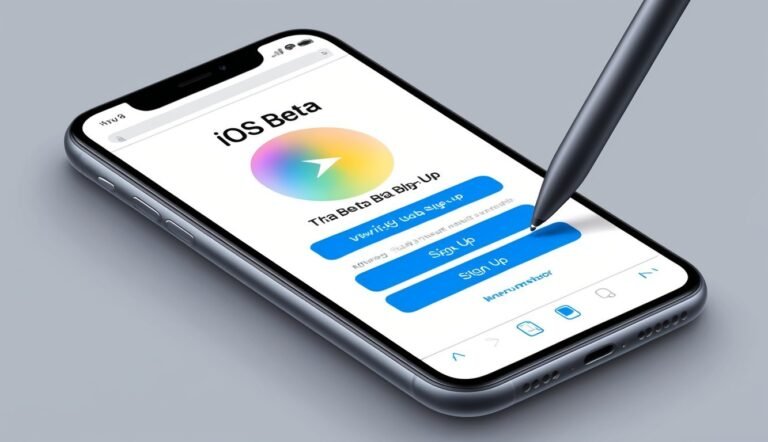 IPhone screen with iOS Beta sign-up page and stylus pointing to "Sign Up"