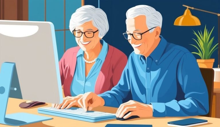 Elderly couple smiling while using a computer together at a desk