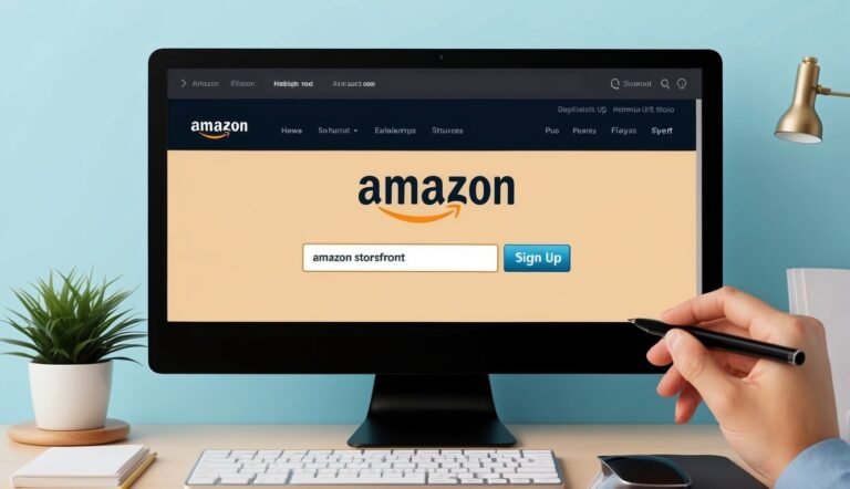 Amazon website on a computer screen with a hand holding a pen