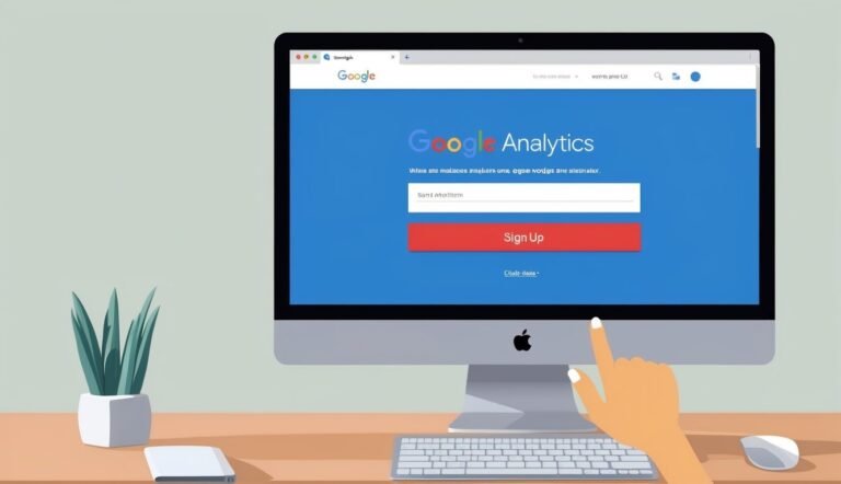 Computer screen displaying Google Analytics sign-up page, with a hand pointing at the screen