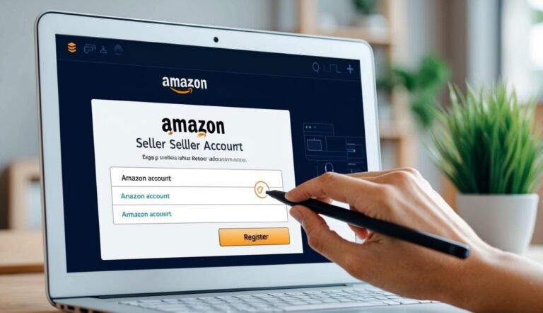 Laptop screen displaying Amazon Seller Account registration form, hand with stylus