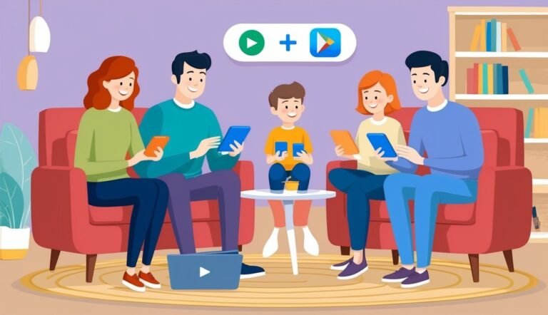 Family using tablets and phones, with Google Play and YouTube icons