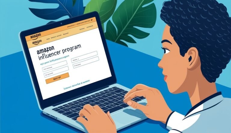 Woman using laptop to sign up for the Amazon Influencer Program