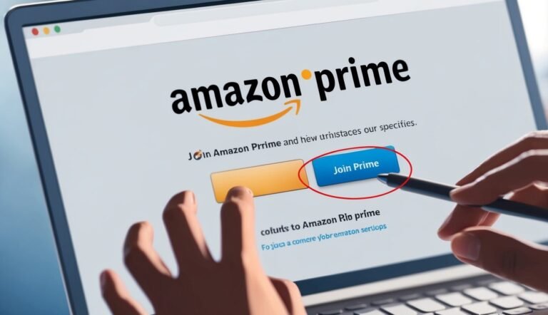 Laptop screen showing Amazon Prime sign-up page with a hand pointing at "Join Prime"