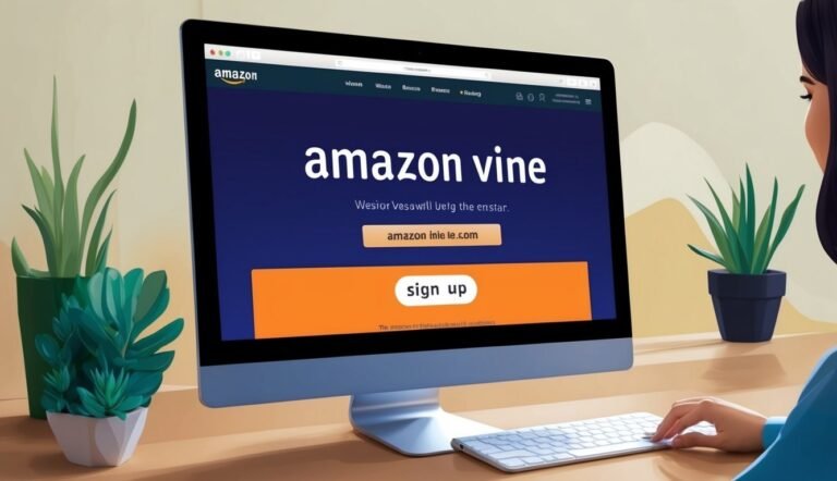 Woman using a computer with Amazon Vine sign-up page on the screen