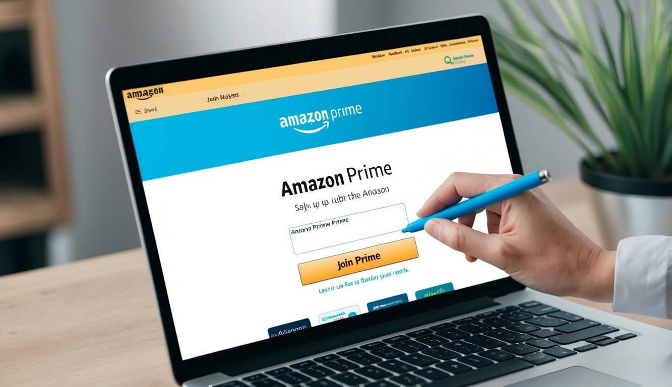 A laptop open to the Amazon Prime sign-up page, with a cursor hovering over the "Join Prime" button