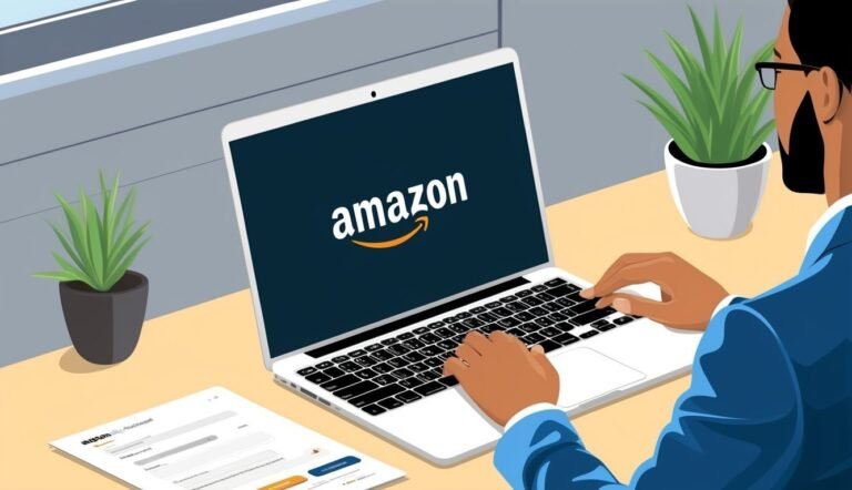 Person working on laptop with Amazon logo, plants, and business form