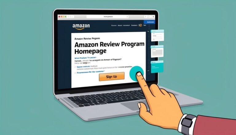 Laptop screen displaying Amazon Review Program homepage, finger touching "Sign Up" button