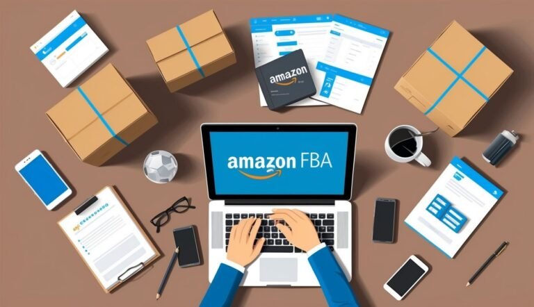 Laptop with Amazon FBA, boxes, documents, and other office supplies