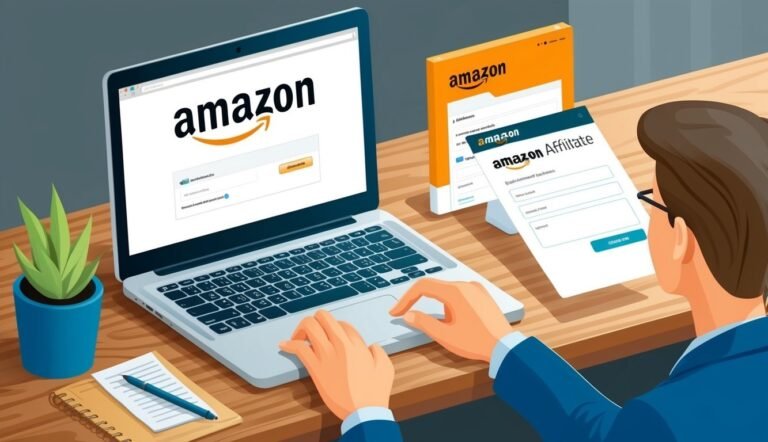 Person using laptop and Amazon Affiliate form on desk