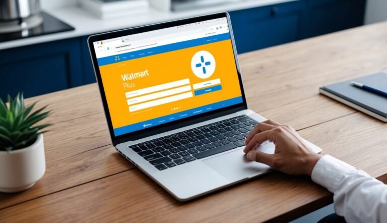 Laptop displaying Walmart Plus login page, hand on trackpad, on wooden desk