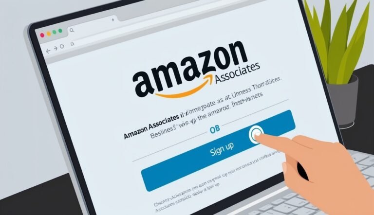 Laptop screen displaying Amazon Associates sign-up page with a finger pressing the button