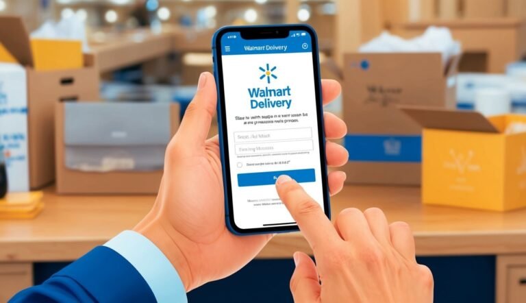 Person using a phone with the Walmart Delivery app open, surrounded by boxes