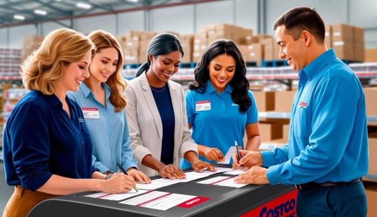 Five Costco employees signing paperwork at a counter in a warehouse