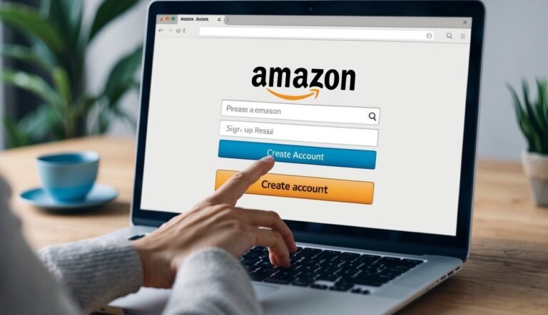 Laptop screen displaying Amazon's "Create Account" page, finger pointing at button