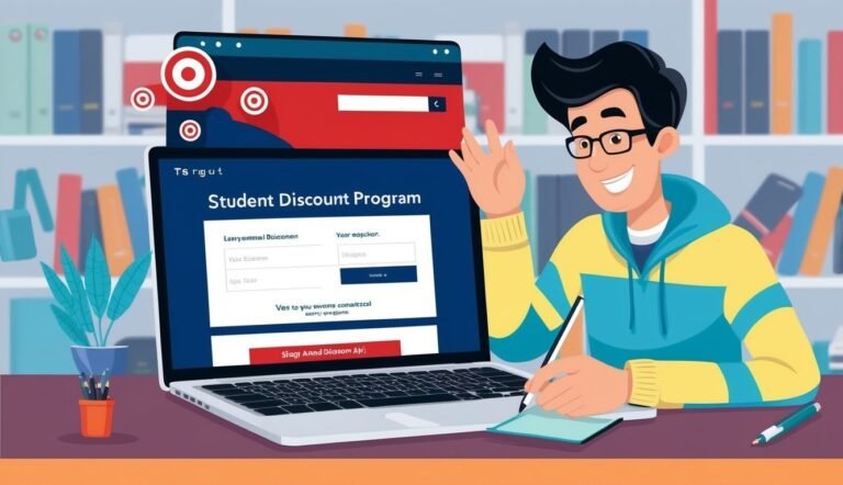 Cartoon student using laptop to apply for a student discount program