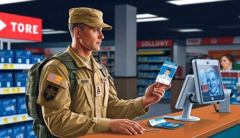 Soldier in uniform holding ID card at a store checkout counter