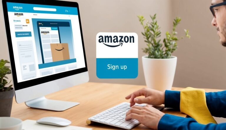 Person signing up for Amazon on a computer, with a plant and desk