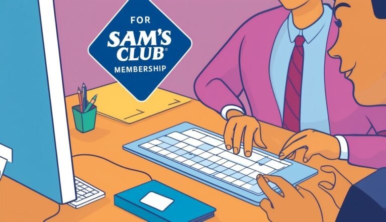 Two people at a desk with a computer, Sam's Club membership logo
