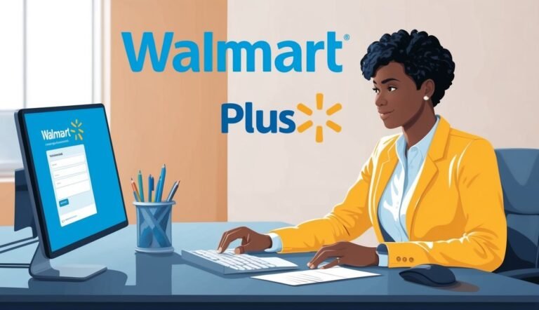 Woman at desk with Walmart Plus logo, computer, and keyboard